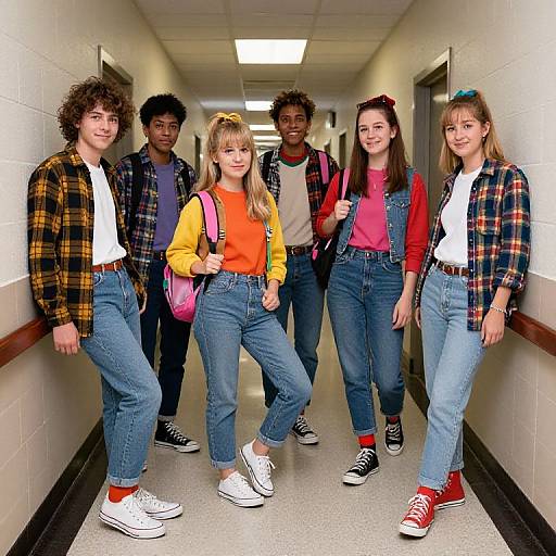 Photograph of six diverse high school students standing in a brightly lit hallway, wearing plaid shirts, jeans, and colorful tops, smiling at the camera