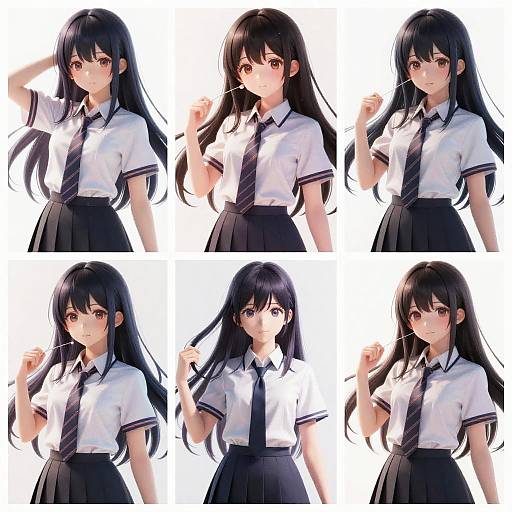 Digital anime-style illustration of six identical black-haired, brown-eyed teenage girls in white shirts, black ties, and skirts, each holding a pen, against