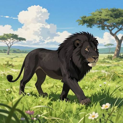Digital illustration of a majestic black lion with a full mane, walking through a vibrant, sunlit savanna with green grass and white flowers, under a