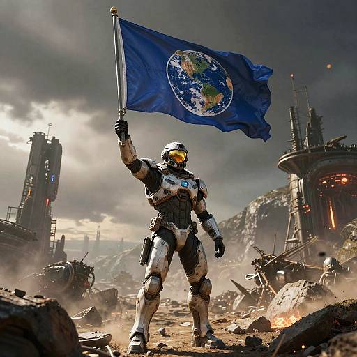 Helldivers Raising Flag on Alien Terrain