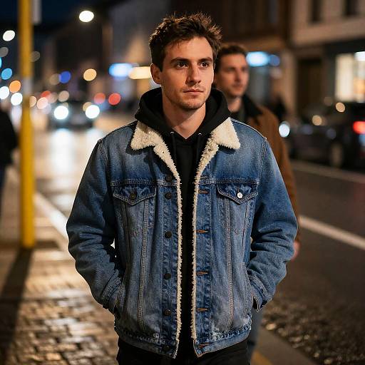 Man Wearing Denim Jacket on Night Street