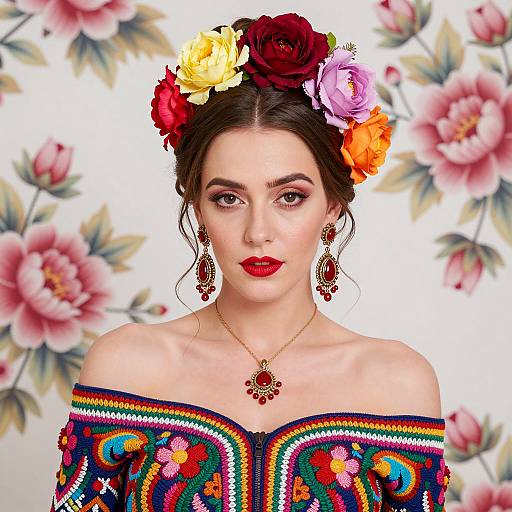 Woman in Vibrant Floral Embroidered Top with Floral Headpiece