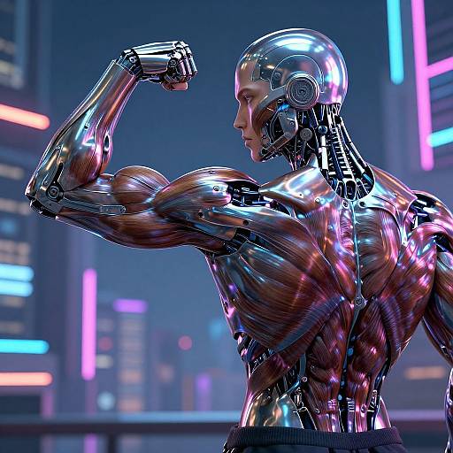 CGI image of a muscular, metallic humanoid flexing arm in a neon-lit cityscape, showcasing shiny, reflective, cybernetic muscle structure