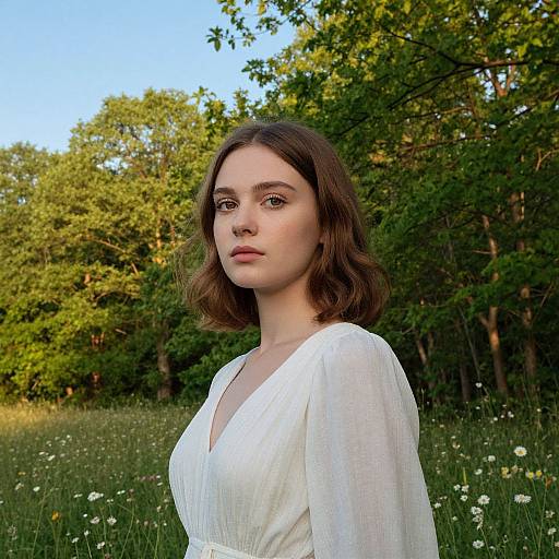 Photograph of a young woman with fair skin and brown, wavy hair, wearing a white, V-neck dress, standing in a sunlit me