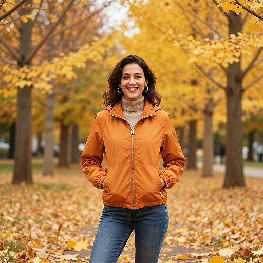 Confident Woman in Autumn Foliage