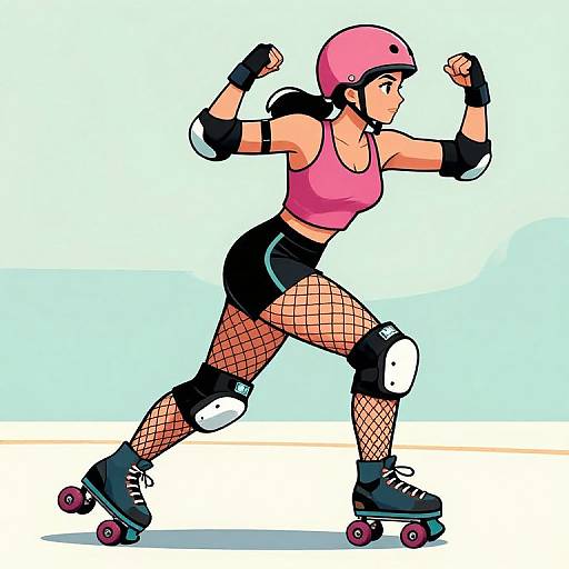 Digital illustration of a fit woman in a pink helmet, pink tank top, black shorts, fishnet stockings, and roller skates, posing dynamically with
