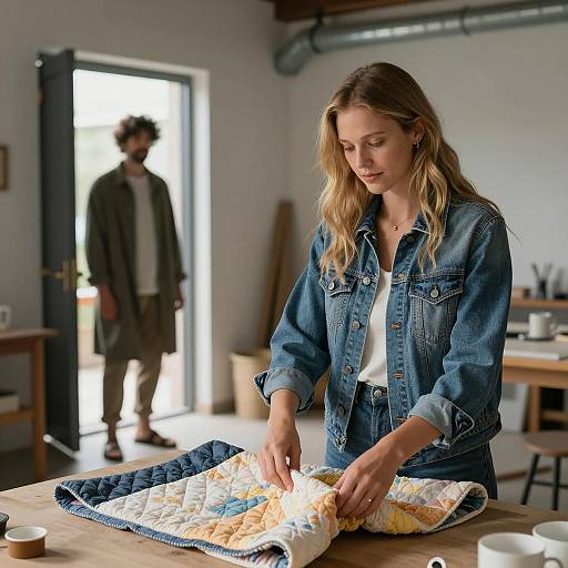 Woman folding quilt in industrial room