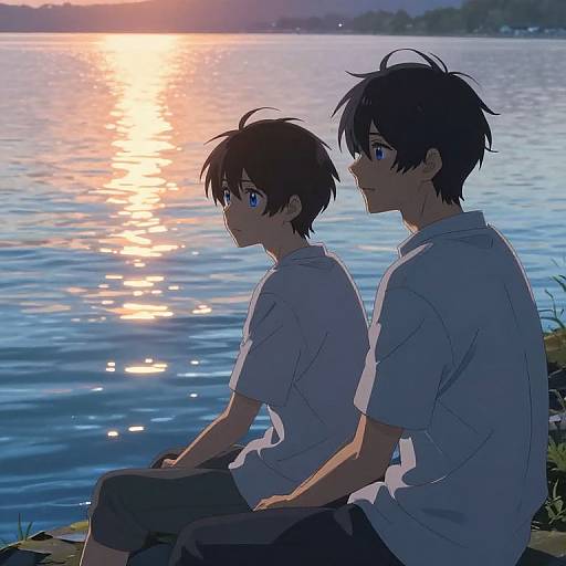 Two anime boys with black hair and blue eyes, wearing white shirts, sit by a serene lake during sunset, reflecting orange and blue hues. Digital anime