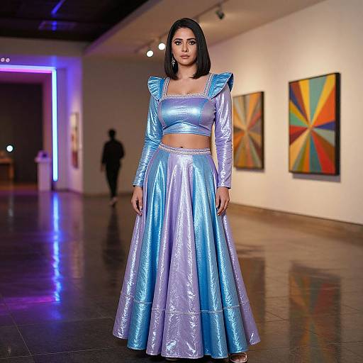 Photograph of a woman with straight black hair in a shiny, metallic blue crop top and long skirt, standing in a modern art gallery with colorful abstract