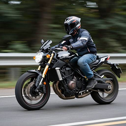Photograph of a motorcyclist in black gear and helmet, riding a black sport bike on a blurred, tree-lined road.