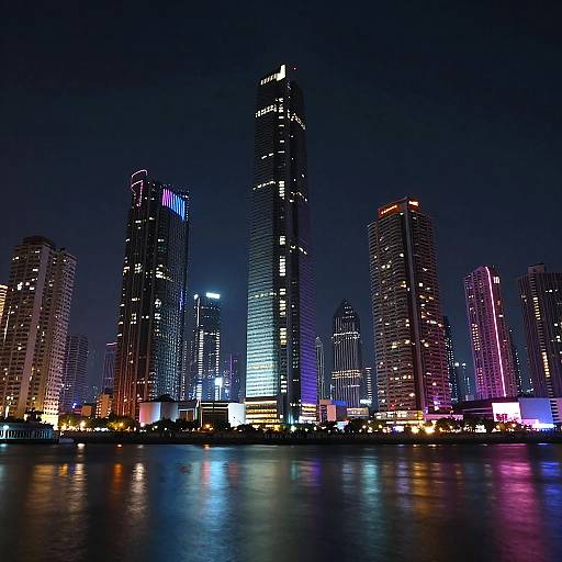 Nighttime photograph of a city skyline with illuminated skyscrapers, reflecting colorful lights on a calm water surface. Tall buildings, neon lights, and dark