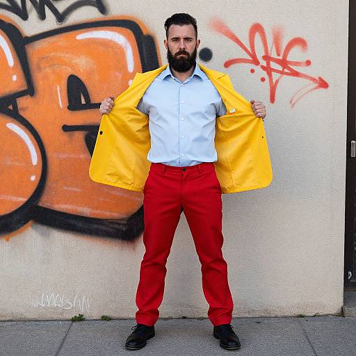 Photograph of a bearded man with dark hair, wearing a white shirt, bright yellow jacket, and red pants, standing in front of a graffiti
