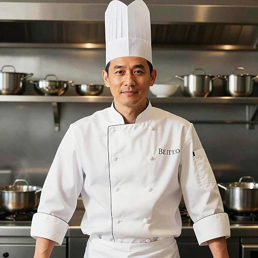 Photograph of a male chef with medium skin tone, black hair, wearing a white double-breasted chef's jacket and tall hat, standing in a