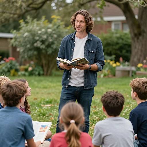 Photograph of a young man with curly brown hair, wearing a denim jacket and white shirt, reading to a group of children seated on grass in a