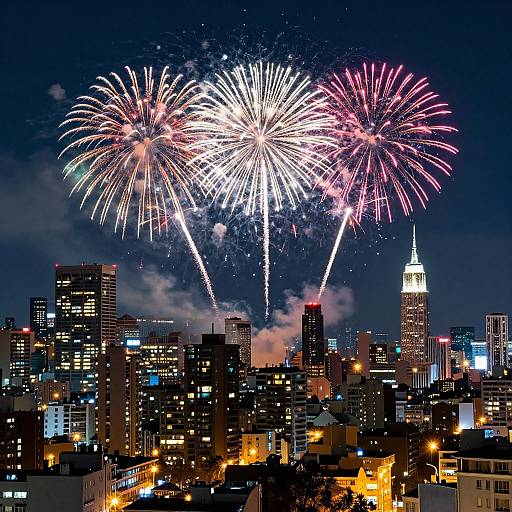 Photograph of vibrant pink and white fireworks exploding over a nighttime city skyline with illuminated skyscrapers, including the iconic Empire State Building.