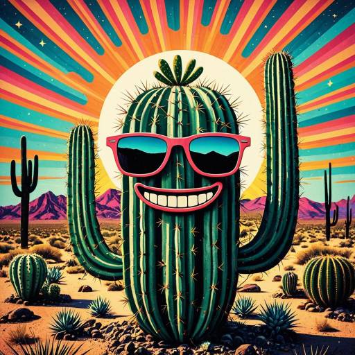 Grinning Cactus with Sunglasses in Psychedelic Desert