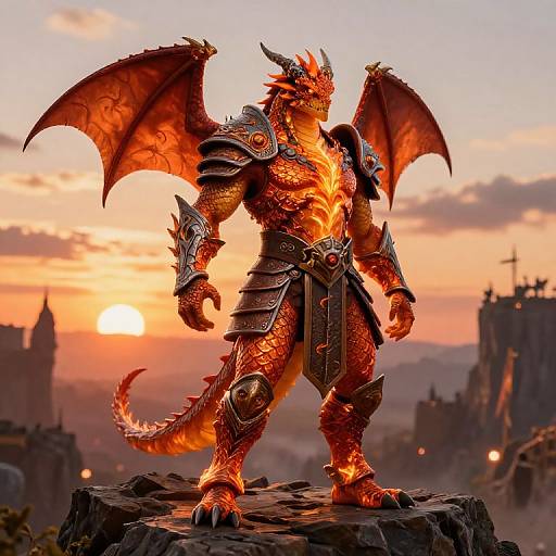 Digital artwork of a muscular, red-orange dragon warrior with glowing scales, wearing silver armor, standing on a rocky ledge at sunset, with a fantasy castle