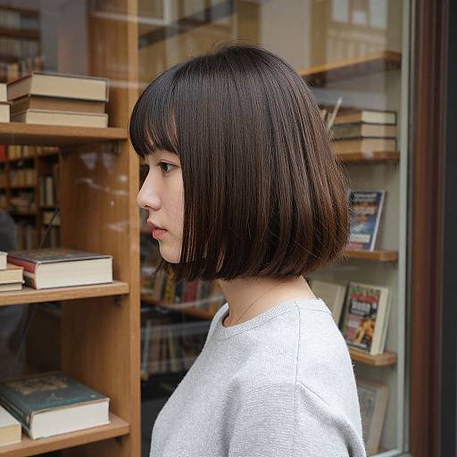 Woman with Bob Hair in Vintage Bookstore