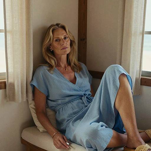 Photograph of a middle-aged blonde woman in a light blue wrap dress, sitting in a sunlit window corner, with white curtains and wooden frames.
