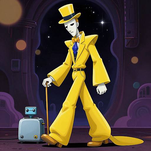 Digital illustration of a stylized, white-masked man in a yellow suit and hat, walking with a suitcase in a dark, starry, sci