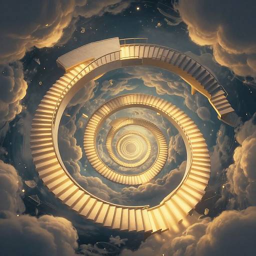 Digital artwork of a spiraling, illuminated circular structure descending into a night sky filled with glowing clouds and stars.