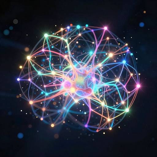 Digital art of a glowing, multi-colored, geometric network of interconnected stars and lines against a dark blue, star-speckled background.