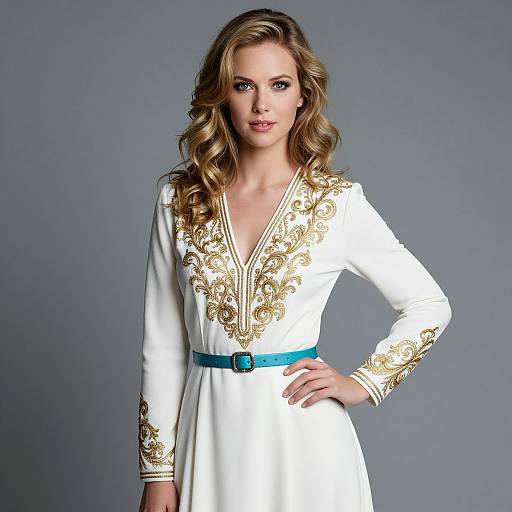 Confident Woman in Embroidered White Dress