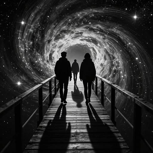 Silhouetted people walking through a cosmic, starry tunnel with swirling, radiant light effects on a wooden bridge. Digital art.