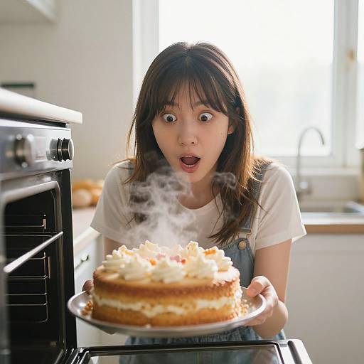 Astonished Woman Witnessing Exploding Cake