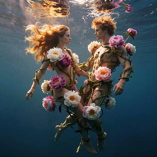 Underwater photograph of a red-haired couple floating, adorned with colorful flowers, holding hands, surrounded by sunlight and water bubbles.