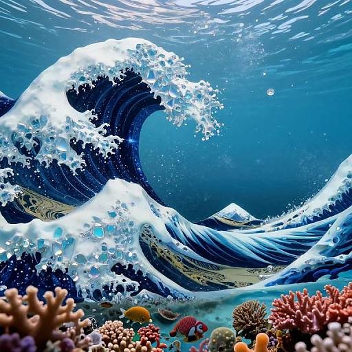 Digital artwork of a vibrant underwater scene with a massive, curling blue ocean wave, surrounded by colorful coral reefs and marine life.