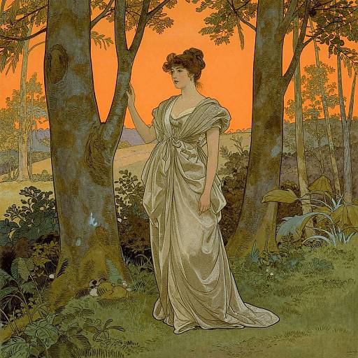 Illustration of a pale-skinned woman in a flowing, cream-colored dress standing in a forest at sunset, with vibrant orange sky and lush greenery