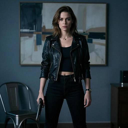 Woman with Handgun in Blue Room