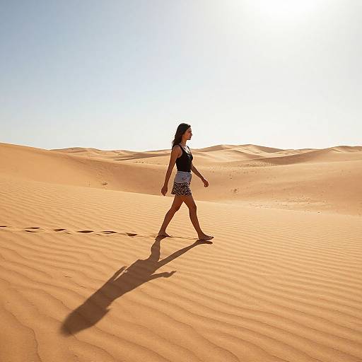 Photograph of a woman in a black tank top and patterned shorts walking through a sunlit, rippled sand desert, casting a long shadow.