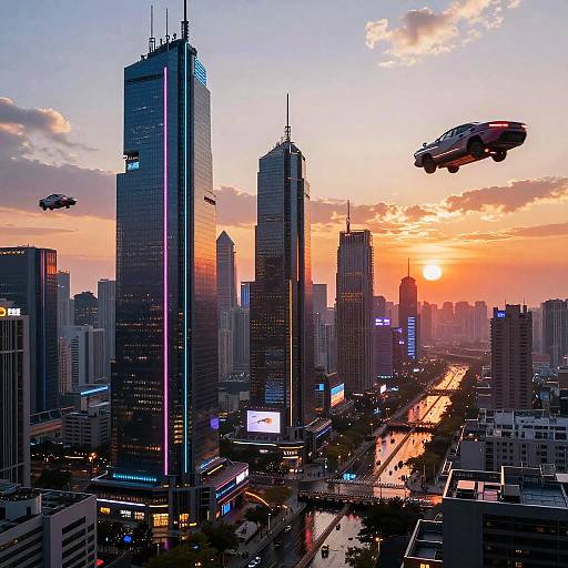 Futuristic Cyberpunk Cityscape at Sunset