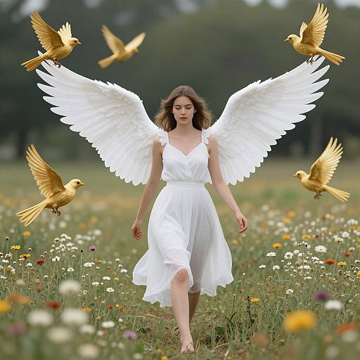 Photograph of a white-winged angel woman in a flowing white dress, surrounded by golden birds, walking through a colorful meadow.