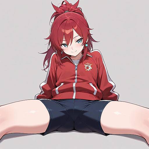 Anime-style digital drawing of a red-haired girl with blue eyes, wearing a red jacket and black shorts, sitting with legs spread, white background.