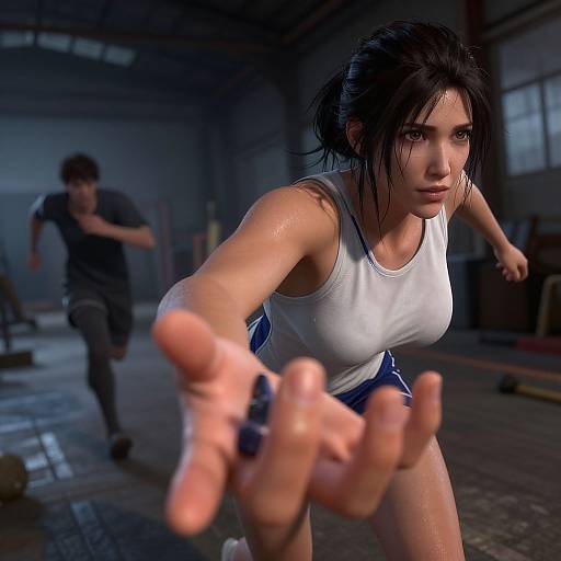 CGI image of a determined Asian woman in a white tank top and blue shorts, extending her sweaty hand forward, chasing a man in a black shirt