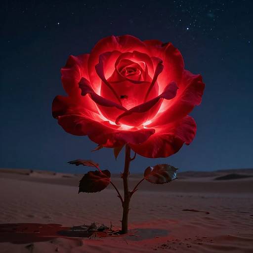 Photograph of a glowing red rose in a desert at night, illuminated from within, with starry sky and sandy terrain.