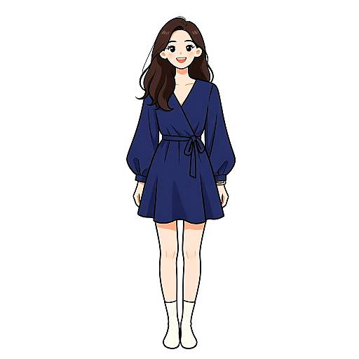 Digital anime-style drawing of a smiling woman with long brown hair, wearing a navy blue wrap dress and white socks, standing against a white background.