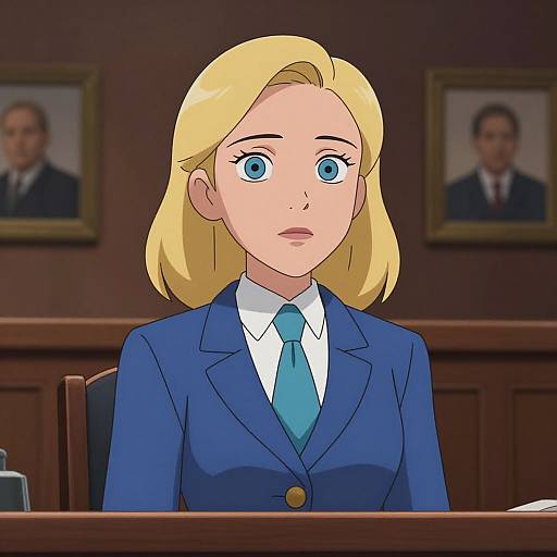 Anime-style digital illustration of a blonde woman with blue eyes, wearing a blue suit jacket, white shirt, and blue tie, seated in a courtroom with