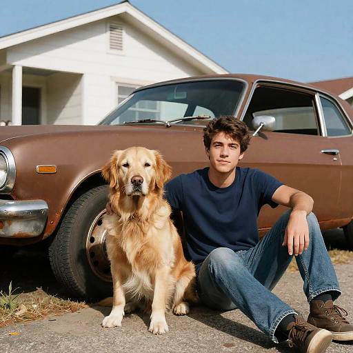 Young Man and Dog Beside Old Car