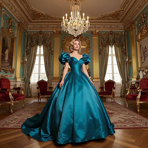 Photograph of a woman in a vibrant blue, puffed-sleeve ball gown, standing in an opulent, gold-accented room with