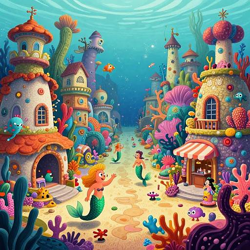 Vibrant underwater cityscape with colorful, whimsical buildings, sea creatures, coral, and fish, featuring a mermaid and playful marine life,