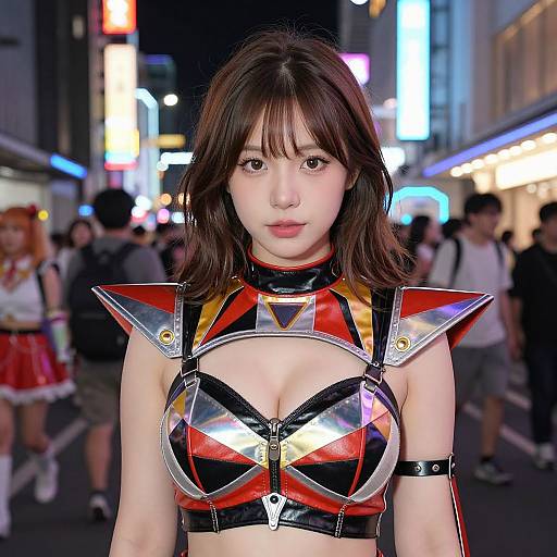 Photograph of an Asian woman with brown hair, wearing a metallic, red, and black, cut-out, shoulder armor top, standing in a brightly