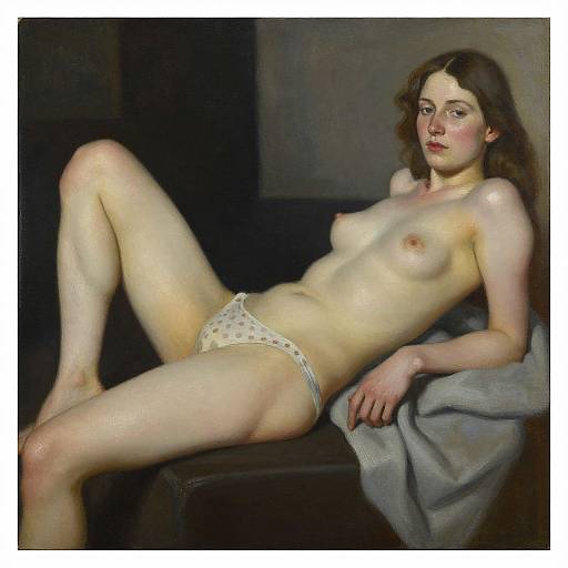 Realistic oil painting of a pale-skinned, brown-haired, topless young woman with small breasts, wearing white polka-dot panties, reclining