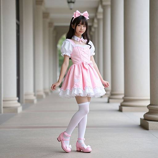 Young Asian woman in a pink and white Lolita dress, white stockings, pink shoes, and bow headband, walking down a colonnaded corridor