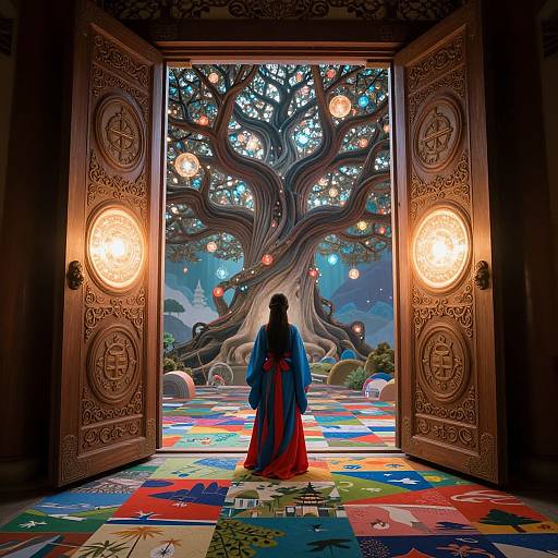 Digital art: Silhouette of woman in blue and red robe, facing giant, glowing, tree-filled room through ornate, illuminated doors.