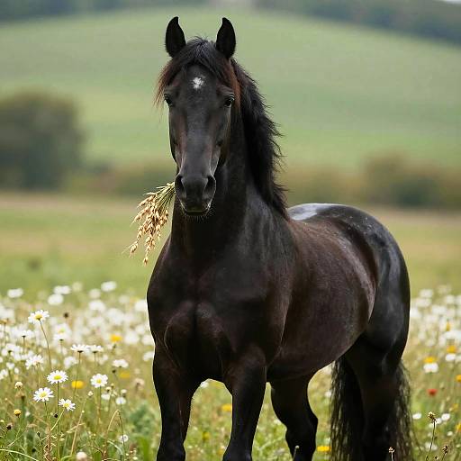 Strong Black Stallion in Meadow