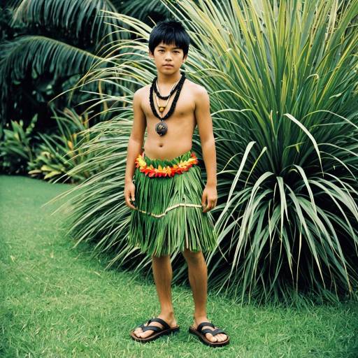 Boy in Hawaiian Grass Skirt Costume